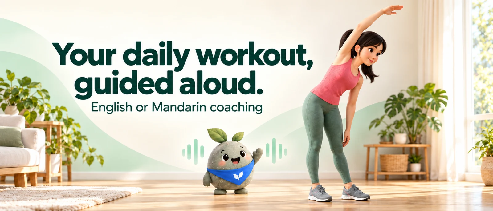 DongDong’s woman exercise demonstrator stretching beside Pebble, with the words Your daily workout, guided aloud