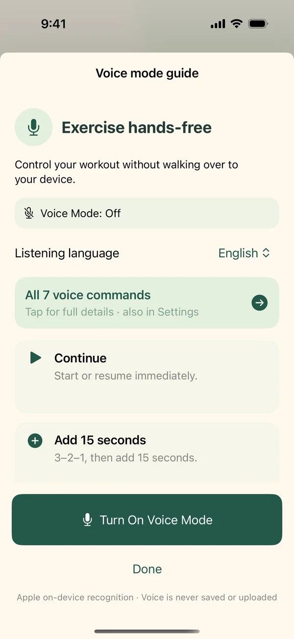 DongDong 1.2 voice guide showing Voice Mode off, the language choice and a button to see all seven commands